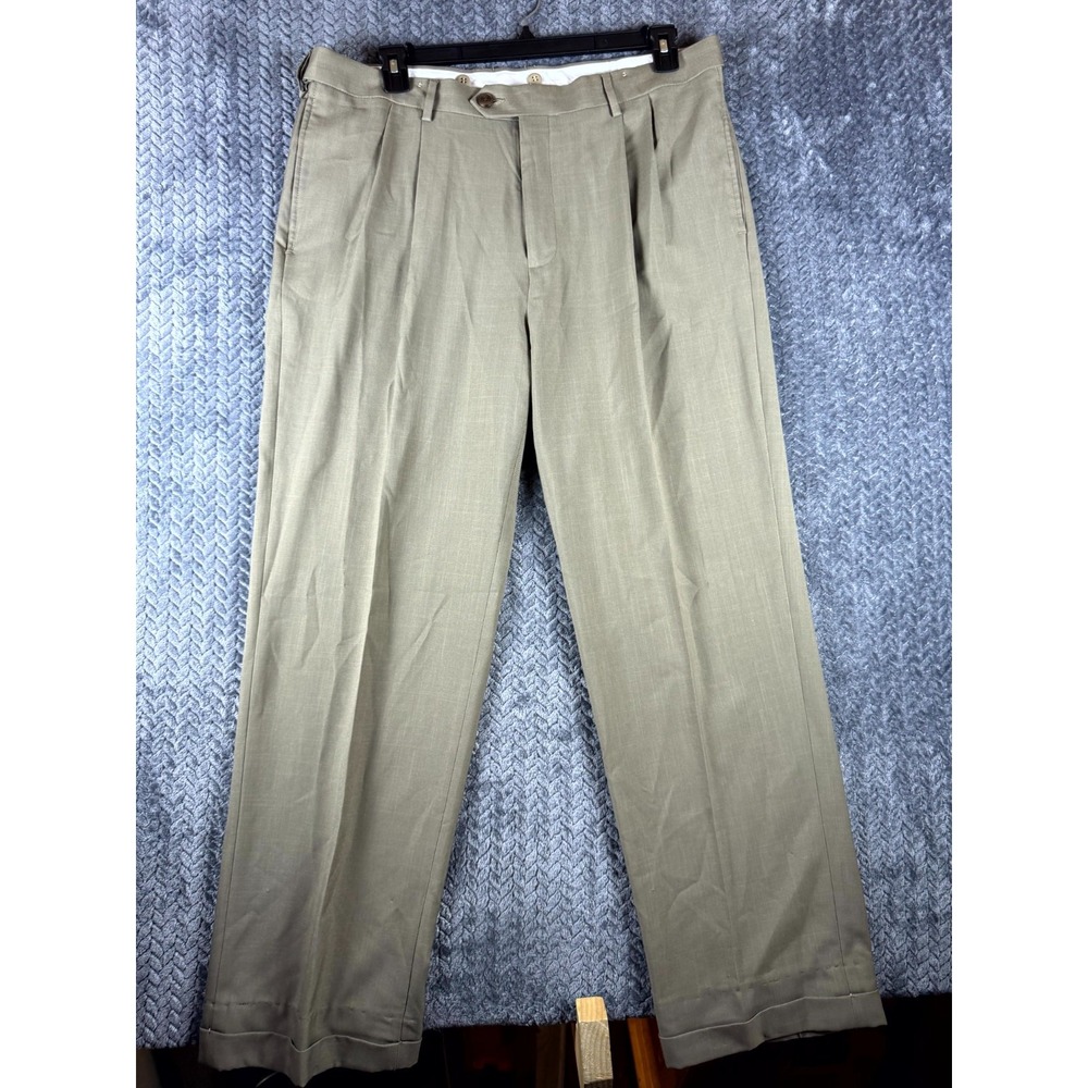 Haggar Mens Dress Pants 36x34 Beige High Rise Pleated Straight Leg Business